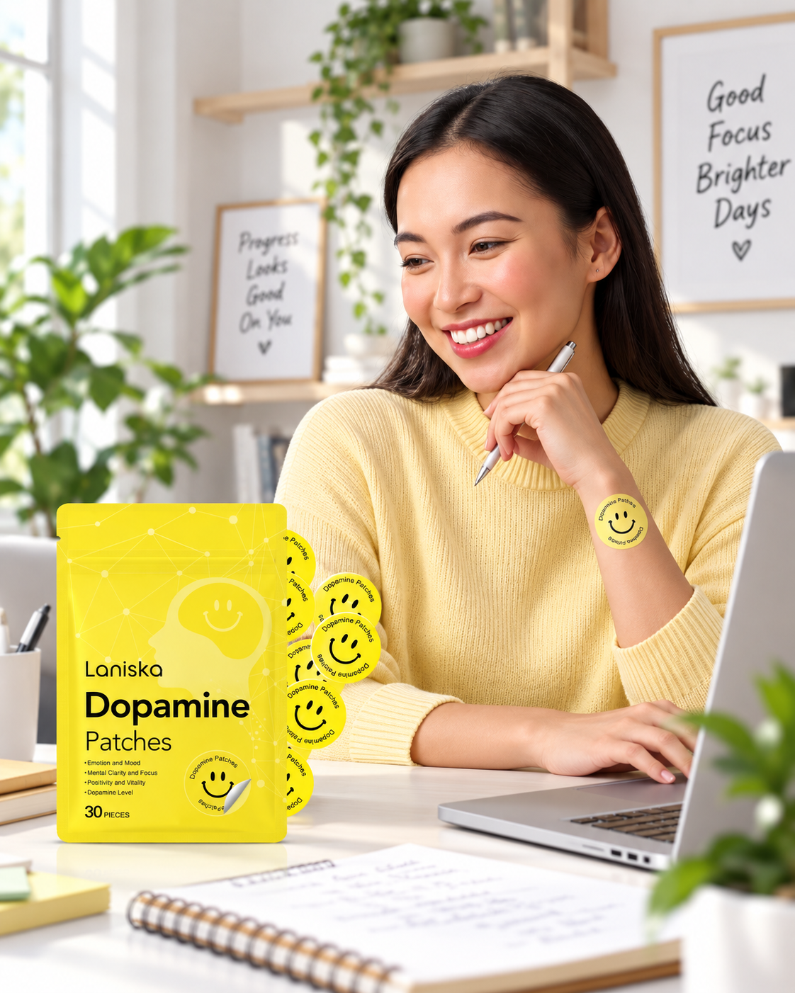 Woman focused at her desk wearing a DopaFocus patch