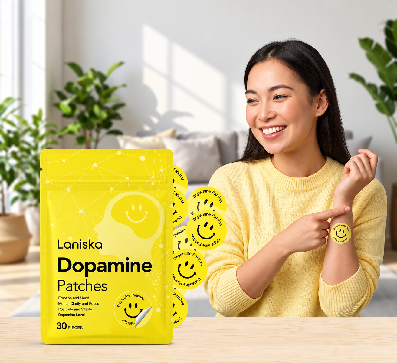 Smiling woman wearing a dopamine patch beside the product package