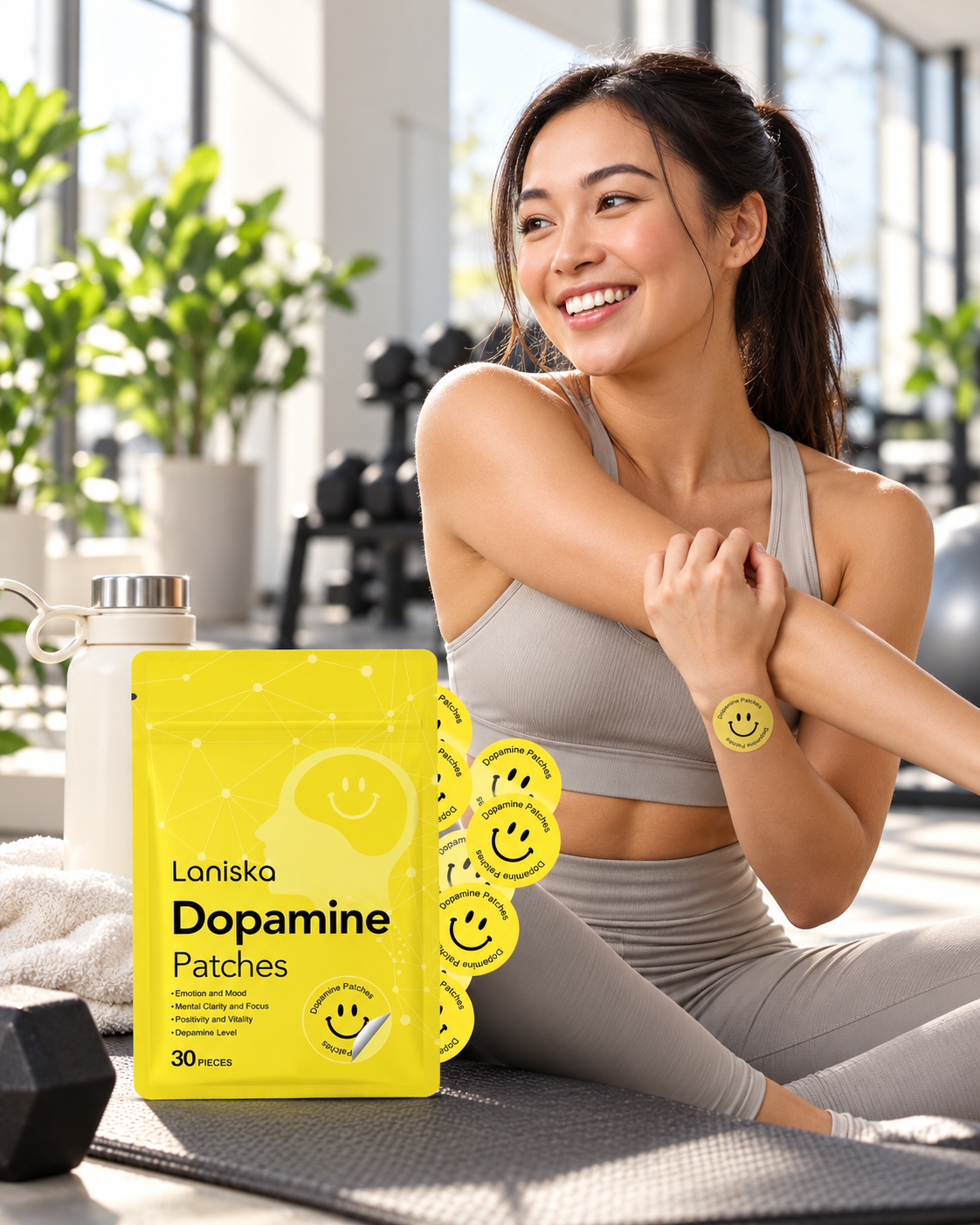 Woman preparing to exercise wearing a DopaFocus patch