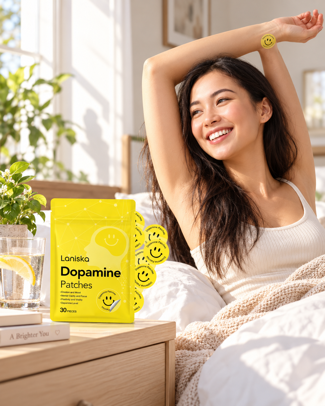 Woman starting her morning wearing a DopaFocus patch