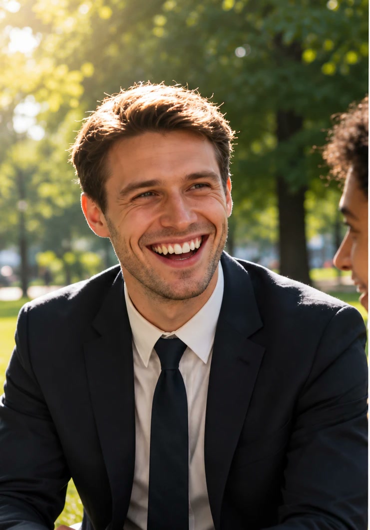 Same man smiling outdoors