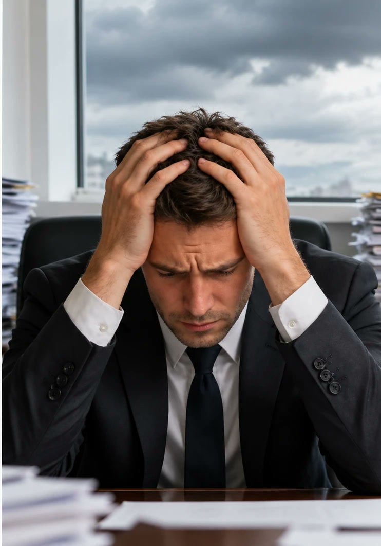 Stressed man holding his head at his desk