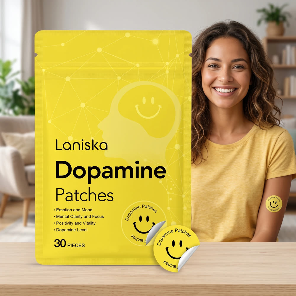Dopamine Patches pouch with a smiling woman wearing a patch on her arm