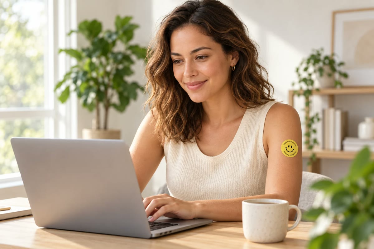 Focused woman working on her laptop wearing a smiley patch