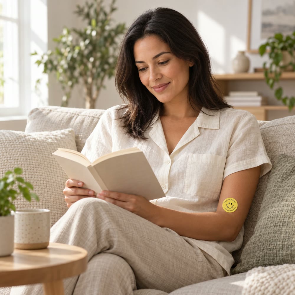 Woman reading on the couch wearing a smiley patch